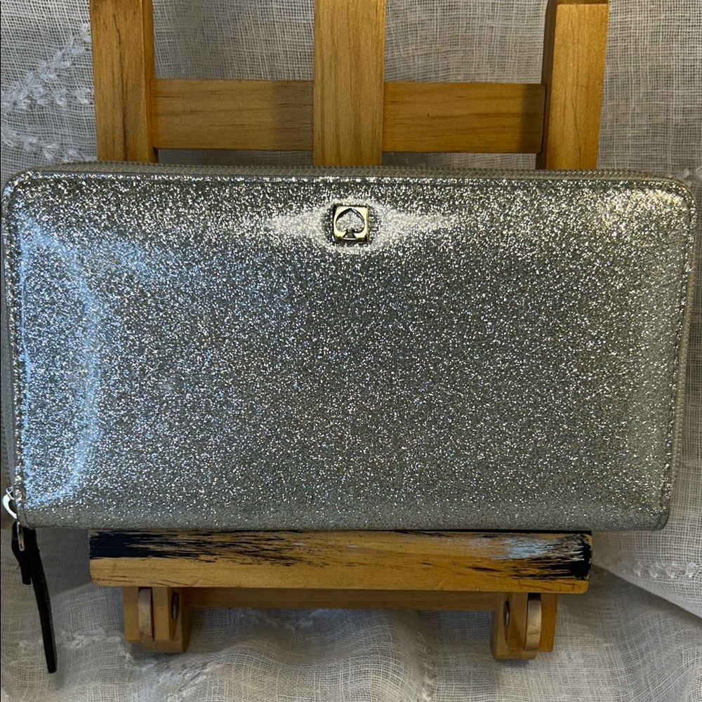Kate Spade silver sparkly large leather zip around wallet